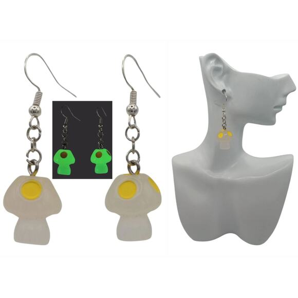 Glow in the Dark Mushroom Earrings Yellow – Rave Festival Gamer Style - Picture 1 of 1